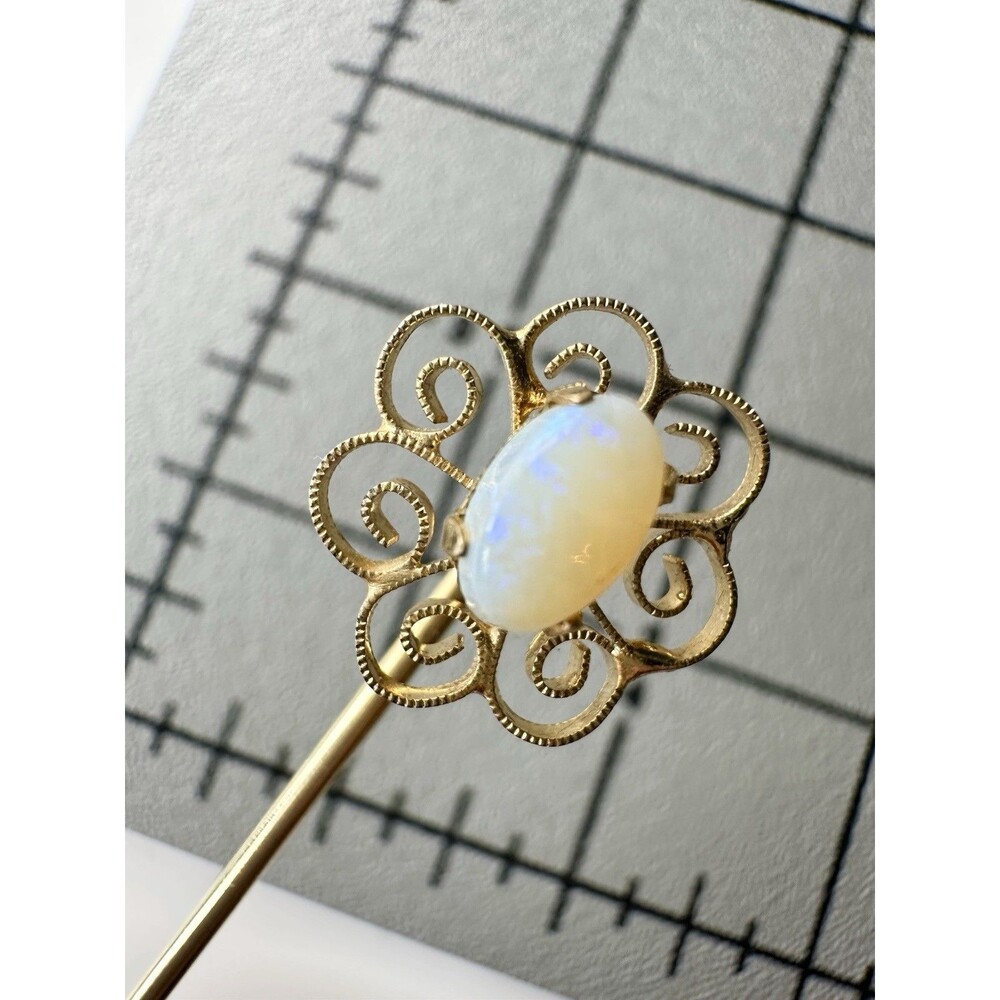 Vintage Unmarked Gold Tone Filigree Design Natural White Opal Stick Pin